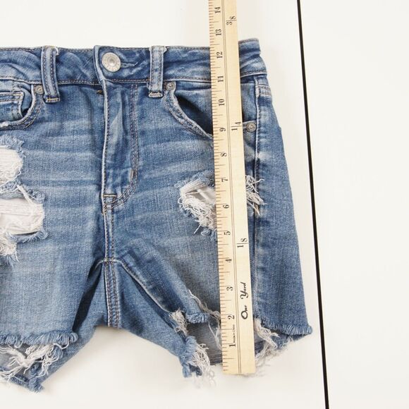 American Eagle Hi Rise Shortie Blue Distressed Ripped Denim Shorts Womens Sz 00 - Picture 3 of 9